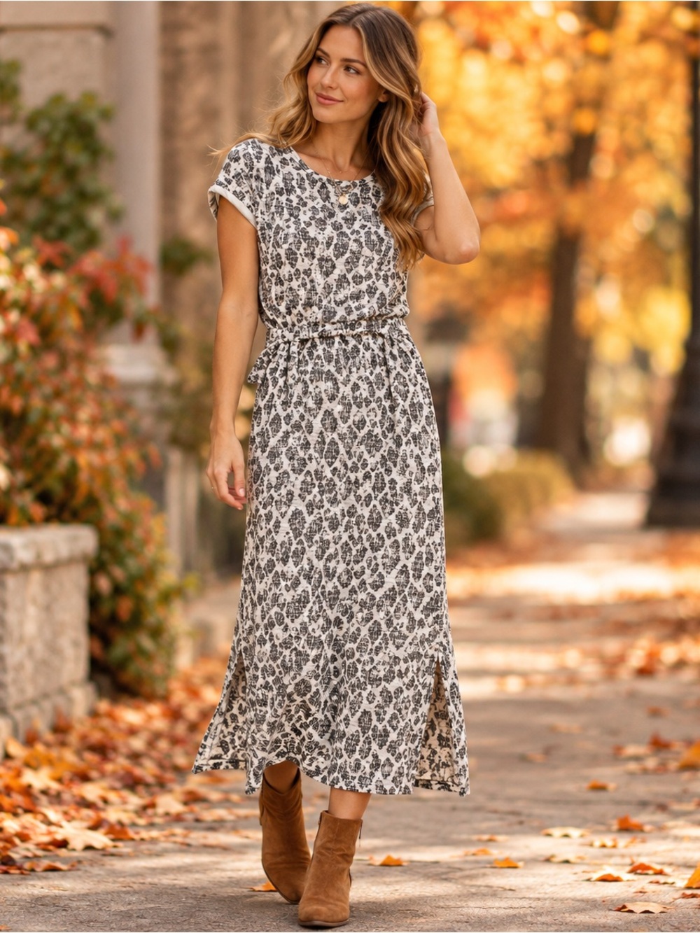 Anthropologie Dolan Taleen Textured Midi Dress XS Leopard Boho Boucle